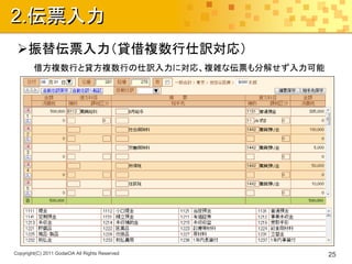 2.伝票入力
 振替伝票入力（貸借複数行仕訳対応）
        借方複数行と貸方複数行の仕訳入力に対応、複雑な伝票も分解せず入力可能




Copyright(C) 2011 GodaiOA All Rights Reserved   25
 