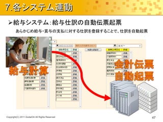 7.各システム連動
 給与システム：給与仕訳の自動伝票起票
        あらかじめ給与・賞与の支払に対する仕訳を登録することで、仕訳を自動起票




Copyright(C) 2011 GodaiOA All Rights Reserved   47
 