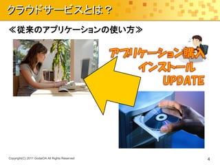 クラウドサービスとは？
≪従来のアプリケーションの使い方≫




Copyright(C) 2011 GodaiOA All Rights Reserved   4
 