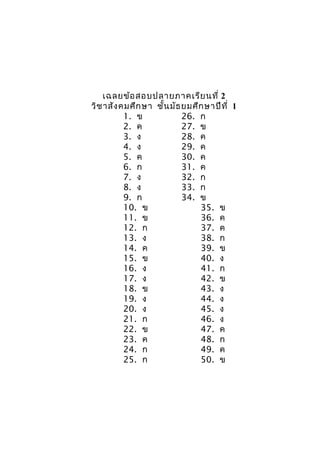 เฉลยข้อ สอบปลายภาคเรีย นที่ 2
วิช าสัง คมศึก ษา ชั้น มัธ ยมศึก ษาปีท ี่ 1
          1. ข             26. ก
          2. ค             27. ข
          3. ง             28. ค
          4. ง             29. ค
          5. ค             30. ค
          6. ก             31. ค
          7. ง             32. ก
          8. ง             33. ก
          9. ก             34. ข
          10. ข                35. ข
          11. ข                36. ค
          12. ก                37. ค
          13. ง                38. ก
          14. ค                39. ข
          15. ข                40. ง
          16. ง                41. ก
          17. ง                42. ข
          18. ข                43. ง
          19. ง                44. ง
          20. ง                45. ง
          21. ก                46. ง
          22. ข                47. ค
          23. ค                48. ก
          24. ก                49. ค
          25. ก                50. ข
 