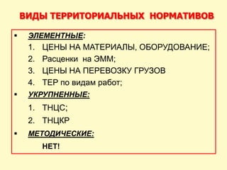 ВИДЫ ТЕРРИТОРИАЛЬНЫХ НОРМАТИВОВ

    ЭЛЕМЕНТНЫЕ:
     1.   ЦЕНЫ НА МАТЕРИАЛЫ, ОБОРУДОВАНИЕ;
     2.   Расценки на ЭММ;
     3.   ЦЕНЫ НА ПЕРЕВОЗКУ ГРУЗОВ
     4.   ТЕР по видам работ;
    УКРУПНЕННЫЕ:
     1. ТНЦС;
     2. ТНЦКР
    МЕТОДИЧЕСКИЕ:
          НЕТ!
 