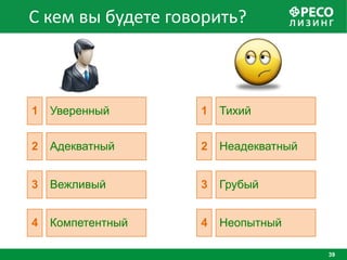 С кем вы будете говорить?



1   Уверенный      1   Тихий


2   Адекватный     2   Неадекватный


3   Вежливый       3   Грубый


4   Компетентный   4   Неопытный

                                      39
 