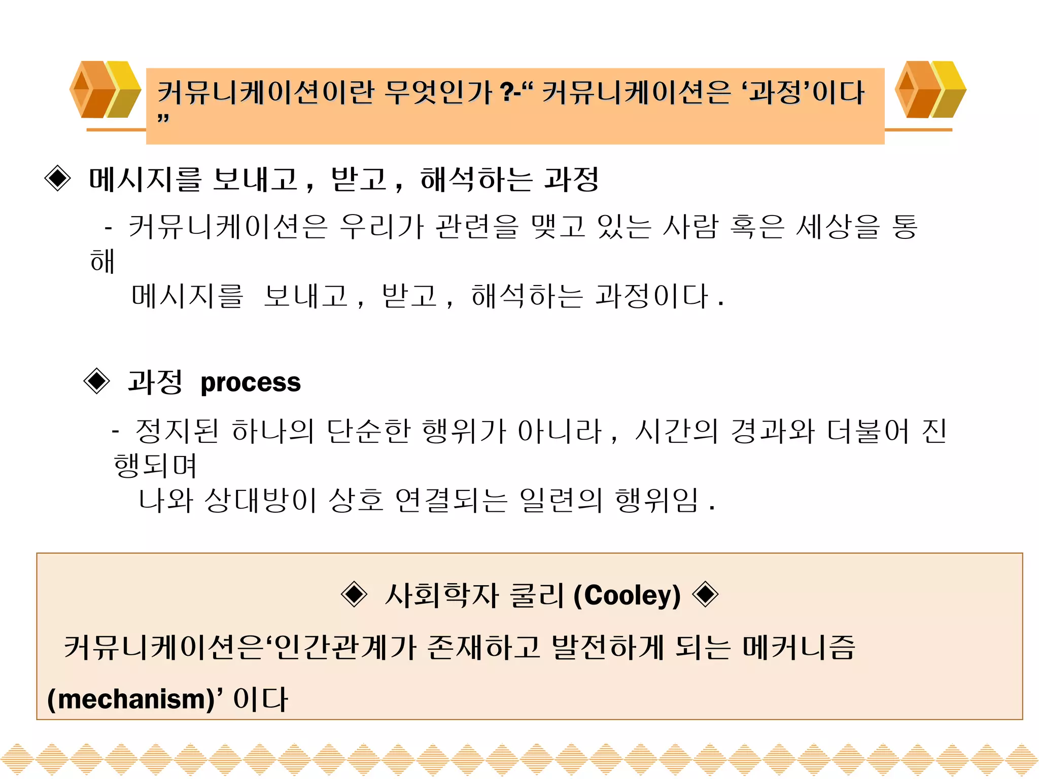 커뮤니케이션이란 무엇인가 ?-“ 커뮤니케이션은 ‘과정’이다
      ”
◈ 메시지를 보내고 , 받고 , 해석하는 과정
   - 커뮤니케이션은 우리가 관련을 맺고 있는 사람 혹은 세상을 통
  해
     메시지를 보내고 , 받고 , 해석하는 과정이다 .

  ◈ 과정 process
    - 정지된 하나의 단순한 행위가 아니라 , 시간의 경과와 더불어 진
    행되며
      나와 상대방이 상호 연결되는 일련의 행위임 .


                  ◈ 사회학자 쿨리 (Cooley) ◈
커뮤니케이션은‘인간관계가 존재하고 발전하게 되는 메커니즘
(mechanism)’ 이다
 