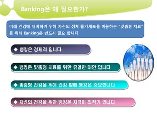 Banking은 왜 필요한가?

미래 건강에 대비하기 위해 자신의 성체 줄기세포를 이용하는 “맞춤형 치료”
를 위해 Banking은 반드시 필요 합니다



 ◆ 뱅킹은 경제적 입니다



 ◆ 뱅킹은 맟춤형 치료를 위한 유일한 대안 입니다


 ◆ 맞춤형 건강을 위해 건강 할때 뱅킹은 중요합니다


 ◆ 자신의 건강을 위한 뱅킹은 지금이 최적기 입니다
 