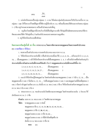 11

                                            ๒๑
                            ตอบ
                                           ๑๒๕
           3. แบงนักเรียนออกเปนกลุม กลุมละ 3 - 4 คน ใหแตละกลุมสงตัวแทนออกไปรับใบงานเรื่อง ห.ร.ม.
กลุมละ 1 ชุด (ใหวิเคราะหโจทยปญหาที่ใชความรูเกี่ยวกับ ห .ร.ม. พรอมทั้งแสดงวิธีทําและหาคําตอบ กลุมละ
1 - 2 ขอ) ครูกําหนดเวลาพอสมควร เสร็จแลวนําผลงานสงที่ครู
           4. ครูเลือกโจทยปญหาที่นาสนใจ หรือที่เปนปญหาบางขอ ใหกลุมที่รับผิดชอบออกมาเสนอวิธีการ
คิดและแสดงวิธีทํา ใหกลุมอื่นๆ รวมกันอภิปรายและตรวจสอบความถูกตอง
         5. ครูใหนักเรียนทําแบบฝกทักษะ

กิจกรรมการเรียนรูครั้งที่ 10 เรื่อง การหา ค.ร.น. โดยการพิจารณาจากพหุคูณและโดยการแยกตัวประกอบ
(1) ( เวลาเรียน 1 ชั่วโมง )
          1. ทบทวนเรื่องตัวประกอบ การแยกตัวประกอบ และการหา ห.ร.ม.
          2. ใหนักเรียนหาจํานวนนับที่มี 2 เปนตัวประกอบซึ่งจะได 2, 4, 6, 8, 10, ... แลวแนะนําวา 2, 4, 6, 8,
10, ... เปนพหุคูณของ 2 แลวใหนักเรียนหาจํานวนที่เปนพหุคูณของ 3, 4, 5 แลวอภิปรายเพื่อชวยกันสรุปวา
จํานวนนับที่หารดวยจํานวนนับที่กําหนดใหลงตัว เรียกวา พหุคูณของจํานวนนับที่กําหนดใหนั้น เชน
              2, 4, 6, 8, 10, 12, 14, 16, 18, ...    เปนพหุคูณของ 2
              3, 6, 9, 12, 15, 18, 21, 24, 27 ...    เปนพหุคูณของ 3
              4, 8, 12, 16, 20, 24, 28, 32, ...      เปนพหุคูณของ                                     4
          3. แนะนําใหนักเรียนรูจักพหุคูณรวม โดยชวยกันพิจารณาพหุคูณของ 2 และ 3 วามี 6, 12, 18, ... เปน
พหุคูณของทั้ง 2 และ 3 จึงเรียก 6, 12, 18, ... วาเปนพหุคูณรวมของ 2 และ 3 และพหุคณรวมที่นอยที่สุดของ 2
                                                                                       ู
และ 3 เรียกวา ตัวคูณรวมนอย (ค.ร.น.) ดังนั้น ค.ร.น. ของ 2 และ 3 คือ 6 ใหนักเรียนชวยกันหาพหุคูณรวม และ
ค.ร.น. ของ 3 กับ 4 และ 2 กับ 4
          4. สอนการหา ค .ร.น. ของจํานวนนับโดยพิจารณาจากพหุคูณ โดยกําหนดจํานวนนับ 2 จํานวน ให
นักเรียนหา ค.ร.น. 2 - 3 ขอ
         ตัวอยาง จงหา ค.ร.น. ของ 6 และ 15 โดยพิจารณาจากพหุคูณ
         วิธีทํา หาพหุคูณของ 6 และ 15 ดังนี้
                  พหุคูณของ 6 คือ 6, 12, 18, 24, 30, 36, 42, 48, 54, 60, ...
                  พหุคูณของ 15 คือ 15, 30, 45, 60, ...
                  พหุคูณรวมของ 6 และ 15 คือ 30, 60, ...
                  พหุคูณรวมของ 6 และ 15 ที่มีคานอยที่สุดคือ 30
                  ดังนั้น ค.ร.น. ของ 6 และ 15 คือ 30
                        ตอบ ๓๐
 