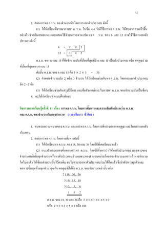 12

         5. สอนการหา ค.ร.น. ของจํานวนนับโดยการแยกตัวประกอบ ดังนี้
              (1) ใหนักเรียนพิจารณาการหา ค .ร.น. ในขอ 4.4 วามีวิธีการหา ค .ร.น. ใหสะดวก รวดเร็วขึ้น
อยางไร ชวยกันเสนอแนะ และแสดงวิธีทําบนกระดาน เชน หา ค .ร.น. ของ 6 และ 15 อาจใชวิธีการแยกตัว
ประกอบดังนี้
                                6 = 2 × 3
                                15 = 3 × 5
               ค.ร.น. ของ 6 และ 15 ก็คือจํานวนนับที่นอยที่สุดที่มี 6 และ 15 เปนตัวประกอบ หรือ พหุคูณรวม
ที่นอยที่สุดของ 6 และ 15
               ดังนั้น ค.ร.น. ของ 6 และ 15 คือ 3 × 2 × 5 = 30
               (2) กําหนดจํานวนนับ 2 หรือ 3 จํานวน ใหนักเรียนชวยกันหา ค .ร.น. โดยการแยกตัวประกอบ
อีก 2 - 3 ขอ
               (3) ใหนักเรียนชวยกันสรุปวิธีการ และขอสังเกตตางๆ ในการหา ค.ร.น. ของจํานวนนับเปนขอๆ
           6. ครูใหนักเรียนทําแบบฝกทักษะ

กิจกรรมการเรียนรูครั้งที่ 11 เรื่อง การหา ค.ร.น. โดยการตั้งหารและความสัมพันธระหวาง ห.ร.ม.
และ ค.ร.น. ของจํานวนนับสองจํานวน ( เวลาเรียน 1 ชั่วโมง )

         1. ทบทวนความหมายของ ค.ร.น. และการหา ค.ร.น. โดยการพิจารณาจากพหุคูณ และโดยการแยกตัว
ประกอบ
        2. สอนการหา ค.ร.น. โดยการตั้งหารดังนี้
              (1) ใหนักเรียนหา ค.ร.น. ของ 18, 30 และ 36 โดยวิธีที่เคยเรียนมาแลว
              (2) แนะนําและแสดงขั้นตอนการหา ค.ร.น. โดยวิธีตั้งหารวา ใหหาตัวประกอบรวมเฉพาะของ
จํานวนเหลานั้นทุกจํานวนหรือหาตัวประกอบรวมเฉพาะของจํานวนอยางนอยสองจํานวนมาหาร ถาหารจํานวน
ใดไมลงตัว ใหเขียนจํานวนนั้นไวคงเดิม จนไมสามารถหาตัวประกอบรวมไดอีกแลว จึงนําตัวหารทุกตัวและ
ผลหารขั้นสุดทายทุกตัวมาคูณกัน ผลคูณที่ไดคือ ค.ร.น. ของจํานวนเหลานั้น เชน
                                   2 ) 18, 30, 36
                                     3 ) 9, 15, 18
                                     3 ) 3, 5, 6
                                         1 5 2
                      ค.ร.น. ของ 18, 30 และ 36 คือ 2 × 3 × 3 × 1 × 5 × 2
                      หรือ 2 × 3 × 3 × 5 × 2 หรือ 180
 