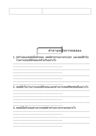 คำา ถามหลัง การทดลอง
1. รูปร่างของเซลล์เยื่อหัวหอม เซลล์สาหร่ายหางกระรอก และเซลล์ผิวใบ
    วานกาบหอยมีลักษณะคล้ายกันอย่างไร
...........................................................................................................
.....................................................................
...........................................................................................................
.....................................................................
...........................................................................................................
.....................................................................
...........................................................................................................
.....................................................................
2. เซลล์ผิวใบว่านกาบหอยมีลักษณะแตกต่างจากเซลล์พืชชนิดอื่นอย่างไร
...........................................................................................................
.....................................................................
...........................................................................................................
.....................................................................
...........................................................................................................
.....................................................................
3. เซลล์เยื่อหัวหอมต่างจากเซลล์สาหร่ายหางกระรอกอย่างไร
...........................................................................................................
.....................................................................
...........................................................................................................
.....................................................................
...........................................................................................................
.....................................................................
 