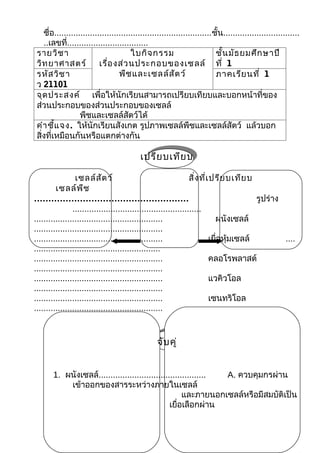 ชื่อ..................................................................ชั้น................................
    ..เลขที่..................................
 รายวิช า                               ใบกิจ กรรม                         ชั้น มัธ ยมศึก ษาปี
 วิท ยาศาสตร์ เรื่อ งส่ว นประกอบของเซลล์ ที่ 1
 รหัส วิช า                        พืช และเซลล์ส ัต ว์                     ภาคเรีย นที่ 1
 ว 21101
 จุด ประสงค์ เพื่อให้นักเรียนสามารถเปรียบเทียบและบอกหน้าที่ของ
 ส่วนประกอบของส่วนประกอบของเซลล์
                   พืชและเซลล์สัตว์ได้
 คำา ชี้แ จง. ให้นักเรียนสังเกต รูปภาพเซลล์พืชและเซลล์สัตว์ แล้วบอก
 สิ่งที่เหมือนกันหรือแตกต่างกัน

                                           เปรีย บเทีย บ

                 เซลล์ส ัต ว์                                    สิ่ง ที่เ ปรีย บเทีย บ
         เซลล์พ ืช
………………………………………………                                                                       รูปร่าง
                ......................................................
......................................................                      ผนังเซลล์
......................................................
......................................................                    เยื่อหุ้มเซลล์         ....
.....................................................
......................................................                    คลอโรพลาสต์
......................................................
......................................................                    แวคิวโอล
......................................................
......................................................                    เซนทริโอล
......................................................


                                                  จับ คู่


       1. ผนังเซลล์............................................. A. ควบคุมกรผ่าน
           เข้าออกของสารระหว่างภายในเซลล์
                                                      และภายนอกเซลล์หรือมีสมบัติเป็น
                                                 เยื่อเลือกผ่าน
 