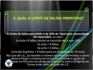 9. QUAL O LIMITE DE FALTAS PERMITIDO?



O limite de faltas permitido é de 20% do Total (sem necessidade
                        de reposição), ou seja:
        1o ciclo= 9 faltas (aceita-se inscrição até a aula 19ª)
                           2o ciclo = 9 faltas
                           3o ciclo = 5 faltas
    Livro dos Espíritos = 4 faltas para um programa de 20 aulas
No caso do L.E., ao exceder o número de faltas permitidas o aluno
    deverá refazer o mesmo em outra turma,tendo a opção de
ingressar na FDJ com seu dirigente original ou com o Dirigente da
                 Turma onde refez oEstudo do L.E.
 