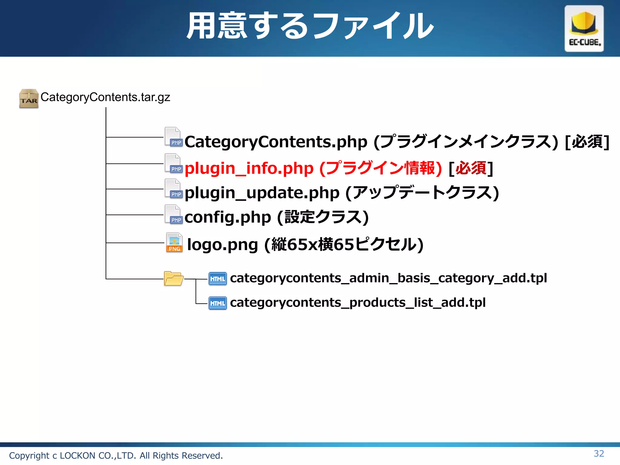 用意するファイル

       CategoryContents.tar.gz


                                       CategoryContents.php (プラグインメインクラス) [必須]
                                       plugin_info.php (プラグイン情報) [必須]
                                       plugin_update.php (アップデートクラス)
                                       config.php (設定クラス)
                                       logo.png (縦65x横65ピクセル)

                                                   categorycontents_admin_basis_category_add.tpl

                                                   categorycontents_products_list_add.tpl




Copyright c LOCKON CO.,LTD. All Rights Reserved.                                                   32
 