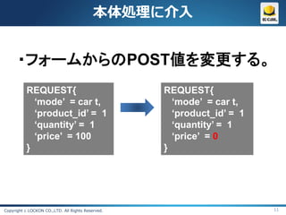 本体処理に介入


      ・フォームからのPOST値を変更する。
          REQUEST{                                 REQUEST{
            ‘mode’ = car t,                          ‘mode’ = car t,
            ‘product_id’ = 1                         ‘product_id’ = 1
            ‘quantity’ = 1                           ‘quantity’ = 1
            ‘price’ = 100                            ‘price’ = 0
          }                                        }




Copyright c LOCKON CO.,LTD. All Rights Reserved.                        11
 