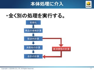 本体処理に介入

      ・全く別の処理を実行する。
                                         初期化


                                   商品の価格計算


                                      配送料計算


                                    消費税の計算
                                                   新消費税の計算


                                      合計の計算




Copyright c LOCKON CO.,LTD. All Rights Reserved.             13
 