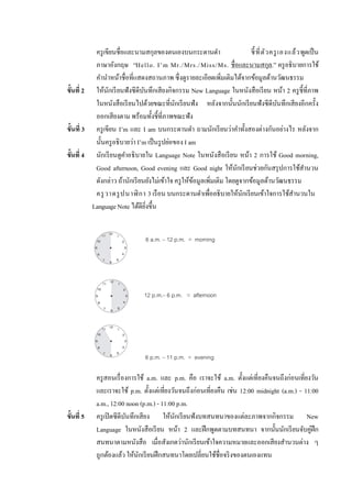 ครู เขียนชื่อและนามสกุลของตนเองบนกระดานดา                       ชี้ ที่ ต ั ว ครู เองแล้ ว พูดเป็ น
           ภาษาอังกฤษ “Hello. I’m Mr./Mrs./Miss/Ms. ชื่อและนามสกุล.” ครู อธิบายการใช้
           คานาหน้าชื่อที่แสดงสถานภาพ ซึ่งดูรายละเอียดเพิมเติมได้จากข้อมูลด้านวัฒนธรรม
                                                                ่
ขั้นที่ 2 ให้นกเรี ยนฟังซีดีบนทึกเสียงกิจกรรม New Language ในหนังสือเรี ยน หน้า 2 ครู ช้ ีที่ภาพ
                 ั              ั
           ในหนังสือเรี ยนไปด้วยขณะที่นกเรี ยนฟัง หลังจากนั้นนักเรี ยนฟังซีดีบนทึกเสียงอีกครั้ง
                                              ั                                              ั
           ออกเสียงตาม พร้อมทั้งชี้ที่ภาพขณะฟัง
ขั้นที่ 3 ครู เขียน I’m และ I am บนกระดานดา ถามนักเรี ยนว่าคาทั้งสองต่างกันอย่างไร หลังจาก
           นั้นครู อธิบายว่า I’m เป็ นรู ปย่อของ I am
ขั้นที่ 4 นักเรี ยนดูคาอธิบายใน Language Note ในหนังสื อเรี ยน หน้า 2 การใช้ Good morning,
           Good afternoon, Good evening และ Good night ให้นกเรี ยนช่วยกันสรุ ปการใช้สานวน
                                                                     ั
           ดังกล่าว ถ้านักเรี ยนยังไม่เข้าใจ ครู ให้ขอมูลเพิมเติม โดยดูจากข้อมูลด้านวัฒนธรรม
                                                     ้       ่
           ครู วาดรู ป นาฬิ ก า 3 เรื อน บนกระดานดาเพืออธิบายให้นกเรี ยนเข้าใจการใช้สานวนใน
                                                           ่            ั
          Language Note ได้ดียงขึ้น
                                  ิ่


                                  6 a.m. – 12 p.m. = morning




                                 12 p.m.– 6 p.m. = afternoon




                                  6 p.m. – 11 p.m. = evening

            ครู สอนเรื่ องการใช้ a.m. และ p.m. คือ เราจะใช้ a.m. ตั้งแต่เที่ยงคืนจนถึงก่อนเที่ยงวัน
            และเราจะใช้ p.m. ตั้งแต่เที่ยงวันจนถึงก่อนเที่ยงคืน เช่น 12:00 midnight (a.m.) - 11:00
            a.m., 12:00 noon (p.m.) - 11:00 p.m.
ขั้นที่ 5   ครู เปิ ดซีดีบนทึกเสียง ให้นกเรี ยนฟังบทสนทนาของแต่ละภาพจากกิจกรรม New
                          ั                 ั
            Language ในหนังสือเรี ยน หน้า 2 และฝึ กพูดตามบทสนทนา จากนั้นนักเรี ยนจับคูฝึก       ่
            สนทนาตามหนังสือ เมื่อสังเกตว่านักเรี ยนเข้าใจความหมายและออกเสียงสานวนต่าง ๆ
            ถูกต้องแล้ว ให้นกเรี ยนฝึ กสนทนาโดยเปลี่ยนใช้ชื่อจริ งของตนเองแทน
                              ั
 