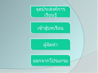 จุดประสงค์การ
     เรียนรู้

 เข้าสูบทเรียน
       ่


    ผู้จัดทำา


ออกจากโปรแกรม
 