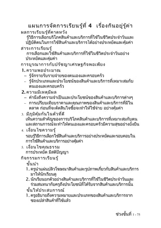 แผนการจัด การเรีย นรู้ท ี่ 4 เรื่อ งกิน อยู่ร ค ่า
                                                 ู้
ผลการเรีย นรู้ท ี่ค าดหวัง
    รู้วิธีการเลือกบริโภคสินค้าและบริการที่ใช้ในชีวิตประจำาวันและ
   ปฏิบัติตนในการใช้สินค้าและบริการได้อย่างประหยัดและคุ้มค่า
สาระการเรีย นรู้
    การเลือกและใช้สินค้าและบริการที่ใช้ในชีวิตประจำาวันอย่าง
   ประหยัดและคุ่มค่า
การบูร ณาการกับ ปรัช ญาเศรษฐกิจ พอเพีย ง
1. ความพอประมาณ
  − รู้จักรายรับรายจ่ายของตนเองและครอบครัว
  − รู้จักประเภทและประโยชน์ของสินค้าและบริการที่เหมาะสมกับ
       ตนเองและครอบครัว
2. ความมีเ หตุม ีผ ล
  − คำานึงถึงความจำาเป็นและประโยชน์ของสินค้าและบริการต่างๆ
  − การเปรียบเทียบราคาและคุณภาพของสินค้าและบริการที่มีใน
       ตลาด ก่อนที่จะตัดสินใจซื้อจะทำาให้ใช้จ่าย อย่างคุ้มค่า
3. มีภ ูม ิค ุ้ม กัน ในตัว ที่ด ี
   เห็นความสำาคัญของการบริโภคสินค้าและบริการที่เหมาะสมกับตน
   และสถานการณ์จะทำาให้ตนเองและครอบครัวมีความสุขอย่างยั่งยืน
4. เงื่อ นไขความรู้
   รอบรูวธการเลือกใช้สนค้าและบริการอย่างประหยัดและรอบคอบใน
            ้ ิ ี            ิ
   การใช้สนค้าและบริการอย่างคุมค่า
                  ิ               ้
5. เงื่อ นไขคุณ ธรรม
   การประหยัด มีสติปัญญา
กิจ กรรมการเรีย นรู้
    ขั้น นำา
   1. ครูนำาแผ่นปลิวโฆษณาสินค้าและรูปภาพเกียวกับสินค้าและบริการ
                                                ่
        มาให้นกเรียนดู
                    ั
   2. นักเรียนยกตัวอย่างสินค้าและบริการทีใช้ในชีวตประจำาวันและ
                                           ่        ิ
        ร่วมสนทนากับครูถงประโยชน์ทได้รบจากสินค้าและบริการนัน
                               ึ     ี่  ั                     ้
    ขั้น ให้ป ระสบการณ์
   1. ครูอธิบายถึงความหมายและประเภทของสินค้าและบริการจาก
        ซองเปล่าสินค้าทีใช้แล้ว
                           ่


                                                    ช่วงชั้นที่ 1 - 75
 