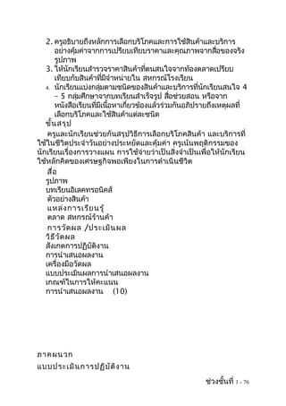 2. ครูอธิบายถึงหลักการเลือกบริโภคและการใช้สนค้าและบริการ
                                                   ิ
       อย่างคุมค่าจากการเปรียบเทียบราคาและคุณภาพจากสือของจริง
                ้                                          ่
       รูปภาพ
   3. ให้นกเรียนสำารวจราคาสินค้าทีตนสนใจจากท้องตลาดเปรียบ
              ั                     ่
       เทียบกับสินค้าทีมจำาหน่ายใน สหกรณ์โรงเรียน
                         ่ ี
   4. นักเรียนแบ่งกลุมตามชนิดของสินค้าและบริการทีนกเรียนสนใจ 4
                       ่                             ่ ั
       – 5 กลุมศึกษาจากบทเรียนสำาเร็จรูป สือช่วยสอน หรือจาก
                  ่                         ่
       หนังสือเรียนทีมเนือหาเกียวข้องแล้วร่วมกันอภิปรายถึงเหตุผลที่
                     ่ ี ้     ่
       เลือกบริโภคและใช้สนค้าแต่ละชนิด
                             ิ
   ขั้น สรุป
    ครูและนักเรียนช่วยกันสรุปวิธีการเลือกบริโภคสินค้า และบริการที่
ใช้ในชีวิตประจำาวันอย่างประหยัดและคุ้มค่า ครูเน้นพฤติกรรมของ
นักเรียนเรื่องการวางแผน การใช้จ่ายว่าเป็นสิ่งจำาเป็นเพื่อให้นักเรียน
ใช้หลักคิดของเศรษฐกิจพอเพียงในการดำาเนินชีวิต
    สื่อ
   รูปภาพ
   บทเรียนอิเลคทรอนิคส์
    ตัวอย่างสินค้า
    แหล่ง การเรีย นรู้
    ตลาด สหกรณ์ร้านค้า
    การวัด ผล /ประเมิน ผล
   วิธ ีว ัด ผล
   สังเกตการปฏิบัติงาน
   การนำาเสนอผลงาน
   เครื่องมือวัดผล
   แบบประเมินผลการนำาเสนอผลงาน
   เกณฑ์ในการให้คะแนน
   การนำาเสนอผลงาน (10)




ภาคผนวก
แบบประเมิน การปฏิบ ัต ิง าน
                                                      ช่วงชั้นที่ 1 - 76
 