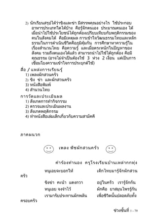 2) นักเรียนสรุปได้ว่าขิงและข่า มีสรรพคุณอย่างไร ใช้ประกอบ
       อาหารประเภทใดได้บ้าง คือรู้จักตนเอง ประมาณตนเอง ได้
       เมื่อนำาไปใช้ประโยชน์ได้ถูกต้องเปรียบเทียบกับพฤติกรรมของ
       คนในสังคมได้ คือมีเหตุผล การเข้าใจวัฒนธรรมไทยและหลัก
       ธรรมในการดำาเนินชีวิตคือภูมิคุ้มกัน การศึกษาหาความรู้ใน
       เรื่องสำานวนไทย คือความรู้ และเมื่อตระหนักในปัญหาของ
       สังคม รวมถึงตนเองได้แล้ว สามารถนำาไปใช้ได้ถูกต้อง คือมี
       คุณธรรม (อาจไม่จำาเป็นต้องใช้ 3 ห่วง 2 เงื่อน แต่เป็นการ
       เชื่อมโยงความเข้าใจการประยุกต์ใช้)
สื่อ / แหล่ง การเรีย นรู้
    1) เพลงผักสวนครัว
    2) ขิง ข่า และผักสวนครัว
    3) หนังสือพิมพ์
    4) สำานวนไทย
การวัด และประเมิน ผล
  1) สังเกตการทำากิจกรรม
  2) ตรวจและประเมินผลงาน
  3) สังเกตพฤติกรรม
  4) ทำาหนังสือเล่มเล็กเกี่ยวกับความสามัคคี



ภาคผนวก


                      เพลง พืช ผัก สวนครัว


                    คำา ร้อ งทำา นอง ครูโ รงเรีย นบ้า นเหล่า กกหุ่ง
             หนูเอยจะบอกให้                   เด็ ก ไทยมารู้ จั ก ผั ก สวน
ครัว
             ขิงข่า คะน้า แตงกวา              อยู่ในครัว เรารู้จักกัน
             หนูเอย จงจำาไว้                  ผักคือ ยาสมุนไพรรู้กัน
             เรามารับประทานผักพลัน            เพื่อชีวิตนั้นปลอดภัยทั้ง
ครอบครัว

                                                         ช่วงชั้นที่ 1 - 79
 