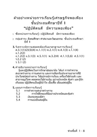 ตัว อย่า งหน่ว ยการเรีย นรู้เ ศรษฐกิจ พอเพีย ง
                ชั้น ประถมศึก ษาปีท ี่ 1
            “ปฏิบ ัต ิต นดี มีค วามพอเพีย ง ”
1.   ชื่อ หน่ว ยการเรีย นรู้ : ปฏิบ ัต ิต นดี มีค วามพอเพีย ง
2.   กลุ่ม สาระ สังคมศึกษา ศาสนาและวัฒนธรรม ชั้น ประถมศึก ษา
             ปีท ี่ 1
3. วิเ คราะห์ค วามสอดคล้อ งกับ มาตรฐานการเรีย นรู้
   ส.3.1(1)(2)(3)(4) ท.1.1(1) ท.2.1(1) ท.4.1(3) ง.1.1(4)
   ง.1.2(2)
   ง.1.2(2) ง.3.1(3) ค.5.1(1) พ.3.2(4) ศ.1.1(3,6) ศ.3.1(1)
   ว 2.2 (2)
   ว 3.1 (2)
4. คำา อธิบ ายหน่ว ยการเรีย นรู้
      รู้และปฏิบัติตนในการรักษาสุขอนามัย ได้แก่ การทำาความ
   สะอาดร่างกาย การแต่งกาย และการเลือกรับประทานอาหารที่มี
   ประโยชน์ต่อร่างกาย ใช้อุปกรณ์การเรียน เครื่องใช้ส่วนตัว และ
   สาธารณูปโภค ตลอดจนใช้จ่ายเงิน อย่างประหยัด คุ้มค่า และรู้จัก
   เก็บออม ปฏิบัติตนเป็นผู้มีนำ้าใจ เอือเฟื้อ เผือแผ่ต่อผูอื่น
                                       ้         ่        ้
5. แผนการจัด การเรีย นรู้
   5.1  การทำาความสะอาดร่างกาย
   5.2         การใช้สิ่งของที่มีอย่างประหยัดและคุ้มค่า
   5.3     เงินทองของมีค่า
   5.4     การแบ่งปันต่อผู้อื่น




                                                      ช่วงชั้นที่ 1 - 8
 