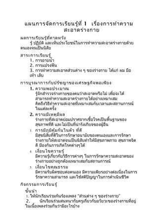 แผนการจัด การเรีย นรู้ท ี่ 1 เรือ งการทำา ความ
                                  ่
                สะอาดร่า งกาย
ผลการเรีย นรู้ท ี่ค าดหวัง
    รู้ ปฏิบัติ และเห็นประโยชน์ในการทำาความสะอาดร่างกายด้วย
ตนเองจนเป็นนิสัย
สาระการเรีย นรู้
    1. การอาบนำ้า
    2. การแปรงฟัน
    3. การทำาความสะอาดส่วนต่าง ๆ ของร่างกาย ได้แก่ ผม มือ
    เท้า เล็บ
การบูร ณาการกับ ปรัช ญาของเศรษฐกิจ พอเพีย ง
    1. ความพอประมาณ
       รู้จักสำารวจร่างกายของตนว่าสะอาดหรือไม่ เพื่อจะได้
       สามารถทำาความสะอาดร่างกายได้อย่างเหมาะสม
       คิดถึงวิธีทำาความสะอาดที่เหมาะสมกับเวลาและสถานการณ์
       ในแต่ละครั้ง
    2. ความมีเ หตุม ีผ ล
       ร่างกายที่สะอาดย่อมปราศจากเชื้อโรคเป็นพื้นฐานของ
       สุขภาพที่ดี และไม่เป็นที่น่ารังเกียจของผู้อื่น
    3. การมีภ ูม ิค ุ้ม กัน ในตัว ที่ด ี
       มีสุขนิสัยที่ดีในการรักษาอนามัยของตนเองและการรักษา
       ร่างกายให้สะอาดจนเป็นนิสัยทำาให้มีสุขภาพกาย สุขภาพจิต
       ดี ป้องกันการเกิดโรคต่างๆได้
    4. เงื่อ นไขความรู้
       มีความรู้เกี่ยวกับวิธีการต่างๆ ในการรักษาความสะอาดของ
       ร่างกายอย่างถูกต้องเหมาะสมกับสถานการณ์
    5. เงื่อ นไขคุณ ธรรม
       มีความรับผิดชอบต่อตนเอง มีความเพียรอย่างต่อเนื่องในการ
       รักษาความสามารถ และใช้สติปัญญาในการดำาเนินชีวิต
กิจ กรรมการเรีย นรู้
  ขั้น นำา
  1. ให้นักเรียนร่วมกันร้องเพลง “ส่วนต่าง ๆ ของร่างกาย”
  2.       นักเรียนร่วมสนทนากับครูเกี่ยวกับอวัยวะของร่างกายที่อยู่
  ในเนื้อเพลงร่วมกันว่ามีอะไรบ้าง
 