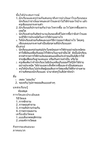 ขั้น ให้ป ระสบการณ์
   1. นั ก เรี ย นและครู ร่ ว มกั น สนทนาถึ ง การนำา เงิ น มาโรงเรี ย นของ
       นักเรียนว่านำาเงินมาคนละเท่าไรและนำาไปใช้จ่ายอะไรบ้าง แล้ว
       ครูเขียนบนกระดานดำา
   2. นักเรียนอภิปรายร่วมกั นว่ าอะไรควรซื้อ อะไรไม่ควรซื้ อเพราะ
       เหตุใด
   3. นักเรียนช่วยกันคิดจำานวนเงินของสิ่งที่ไม่ควรซื้อว่ามีเท่าไรและ
       จะมีวิธีการประหยัดในการใช้จ่ายอย่างไร
   4. ให้นักเรียนช่วยกันคิดและบอกวิธีการออมว่าดีอย่างไร โดยครู
       เขียนลงบนกระดานดำาเป็นข้อๆตามที่นักเรียนบอก
   ขั้น สรุป
   1. นักเรียนและครูรวมสรุปประโยชน์ของการใช้จายอย่างประหยัดจะ
                        ่                             ่
       ทำาให้มเงินเหลือเก็บออมไว้ใช้จายในยามจำาเป็นได้ ดังนันนักเรียน
                 ี                     ่                        ้
       ควรสำารวจการใช้จายเงินของตนเองเป็นประจำาจนเป็นนิสยว่าใช้
                             ่                                    ั
       จ่ายฟุมเฟือยเกินฐานะตนเอง หรือเกินความจำาเป็น หรือไม่
               ่
   2. ครูเพิ่มเติมว่าถ้านักเรียนไม่มีเงินเหลือเก็บออมก็ให้รู้จักใช้จ่าย
       อย่างประหยัด ใช้จ่ายเฉพาะสิ่งที่ควรซื้อและจำาเป็นต่อตนเอง
   3. ครูให้นักเรียนไปประดิษฐ์ออมสินจากวัสดุเหลือใช้ที่หาง่ายตาม
       ความคิดของนักเรียนและ นำามาส่งครูในสัปดาห์หน้า
สื่อ
  1. เพลง “ออมเงิน”
  2. ของจริง/รูปภาพออมสินแบบต่างๆ
แหล่ง เรีย นรู้
    ห้องสมุด
การวัด และประเมิน ผล
  วิธ ีว ัด ผล
  1. การซักถาม
  2. การตอบคำาถาม
  3. การอภิปรายร่วมกัน
  4. การตรวจผลงาน
  เครื่อ งมือ วัด ผล
  1. แบบสังเกตพฤติกรรม
  2. เกณฑ์การวัดผล

กิจ กรรมเสนอแนะ
ภาคผนวก
 