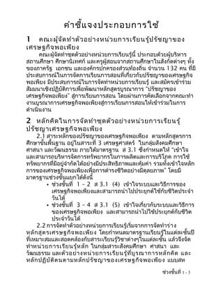 คำา ชี้แ จงประกอบการใช้
1  คณะผู้จ ัด ทำา ตัว อย่า งหน่ว ยการเรีย นรู้ป รัช ญาของ
เศรษฐกิจ พอเพีย ง
      คณะผู้จัดทำาชุดตัวอย่างหน่วยการเรียนรู้นี้ ประกอบด้วยผู้บริหาร
สถานศึกษา ศึกษานิเทศก์ และครูผู้สอนจากสถานศึกษาในสังกัดต่างๆ ทั้ง
ของภาครัฐ เอกชน และองค์กรปกครองส่วนท้องถิ่น จำานวน 132 คน ที่มี
ประสบการณ์ในการจัดการเรียนการสอนที่เกี่ยวกับปรัชญาของเศรษฐกิจ
พอเพียง มีประสบการณ์ในการจัดทำาหน่วยการเรียนรู้ และสมัครเข้าร่วม
สัมมนาเชิงปฏิบัติการเพื่อพัฒนาหลักสูตรบูรณาการ “ปรัชญาของ
เศรษฐกิจพอเพียง” สู่การเรียนการสอน โดยผ่านการคัดเลือกจากคณะทำา
งานบูรณาการเศรษฐกิจพอเพียงสู่การเรียนการสอนให้เข้าร่วมในการ
ดำาเนินงาน
2 หลัก คิด ในการจัด ทำา ชุด ตัว อย่า งหน่ว ยการเรีย นรู้
ปรัช ญาเศรษฐกิจ พอเพีย ง
     2.1 สาระหลักของปรัชญาของเศรษฐกิจพอเพียง ตามหลักสูตรการ
ศึกษาขั้นพื้นฐาน อยู่ในสาระที่ 3 เศรษฐศาสตร์ ในกลุ่มสังคมศึกษา
ศาสนา และวัฒนธรรม ภายใต้มาตรฐาน ส 3.1 ซึ่งกำาหนดให้ “เข้าใจ
และสามารถบริหารจัดการทรัพยากรในการผลิตและการบริโภค การใช้
ทรัพยากรที่มีอยู่จำากัดได้อย่างมีประสิทธิภาพและคุ้มค่า รวมทั้งเข้าใจหลัก
การของเศรษฐกิจพอเพียงเพื่อการดำารงชีวิตอย่างมีดุลยภาพ” โดยมี
มาตรฐานช่วงชั้นแยกได้ดังนี้
          ช่วงชั้นที่ 1 – 2 ส 3.1 (4) เข้าใจระบบและวิธีการของ
            เศรษฐกิจพอเพียงและสามารถนำาไปประยุกต์ใช้กับชีวิตประจำา
            วันได้
          ช่วงชั้นที่ 3 – 4 ส 3.1 (5) เข้าใจเกี่ยวกับระบบและวิธีการ
            ของเศรษฐกิจพอเพียง และสามารถนำาไปใช้ประยุกต์กับชีวิต
            ประจำาวันได้
     2.2 การจัดทำาตัวอย่างหน่วยการเรียนรู้เริ่มจากการจัดทำาร่า ง
หลัก สูต รเศรษฐกิจ พอเพีย ง โดยกำาหนดมาตรฐานเรียนรู้ในแต่ละชั้นปี
ที่เหมาะสมและสอดคล้องกับสาระเรียนรู้วิชาต่างๆในแต่ละชั้น แล้วจึงจัด
ทำาหน่ว ยการเรีย นรู้ห ลัก ในกลุ่มสาระสังคมศึกษา ศาสนา และ
วัฒนธรรม และตัว อย่า งหน่ว ยการเรีย นรู้ท ี่บ ูร ณาการหลัก คิด และ
หลัก ปฏิบ ัต ิต นตามหลัก ปรัช ญาของเศรษฐกิจ พอเพีย ง แบบสห

                                                          ช่วงชั้นที่ 1 - 3
 