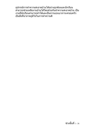 อุปกรณ์การทำาความสะอาดบ้านได้อย่างถูกต้องและนักเรียน
สามารถช่วยเหลืองานบ้านได้โดยช่วยกันทำาความสะอาดบ้าน เป็น
งานที่นักเรียนสามารถทำาได้และเป็นการแบ่งเบาภาระครอบครัว
เป็นสิ่งที่น่าภาคภูมิใจในการทำาความดี




                                            ช่วงชั้นที่ 1 - 38
 