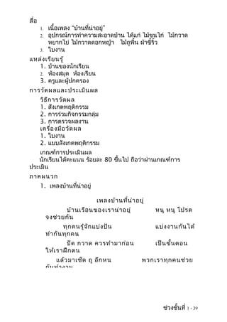 สื่อ
       1.    เนื้อเพลง “บ้านที่น่าอยู่”
       2.    อุปกรณ์การทำาความสะอาดบ้าน ได้แก่ ไม้ขนไก่ ไม้กวาด
             หยากไย่ ไม้กวาดดอกหญ้า ไม้ถูพื้น ผ้าขี้ริ้ว
       3.    ใบงาน
แหล่ง เรีย นรู้
   1. บ้านของนักเรียน
   2. ห้องสมุด ห้องเรียน
   3. ครูและผู้ปกครอง
การวัด ผลและประเมิน ผล
       วิธ ีก ารวัด ผล
       1. สังเกตพฤติกรรม
       2. การร่วมกิจกรรมกลุ่ม
       3. การตรวจผลงาน
       เครื่อ งมือ วัด ผล
       1. ใบงาน
       2. แบบสังเกตพฤติกรรม
    เกณฑ์การประเมินผล
   นักเรียนได้คะแนน ร้อยละ 80 ขึนไป ถือว่าผ่านเกณฑ์การ
                                ้
ประเมิน
ภาคผนวก
       1. เพลงบ้านที่น่าอยู่

                                   เพลงบ้า นที่น ่า อยู่
                   บ้า นเรือ นของเราน่า อยู่               หนู หนู โปรด
            จงช่ว ยกัน
                    ทุก คนรู้จ ัก แบ่ง ปัน                 แบ่ง งานกัน ได้
            ทำา กัน ทุก คน
                    ปัด กวาด ควรทำา มาก่อ น                เป็น ขั้น ตอน
            ให้เ ราฝึก ตน
                แล้ว มาเช็ด ถู อีก หน                  พวกเราทุก คนช่ว ย
            กัน ทำา งาน




                                                              ช่วงชั้นที่ 1 - 39
 