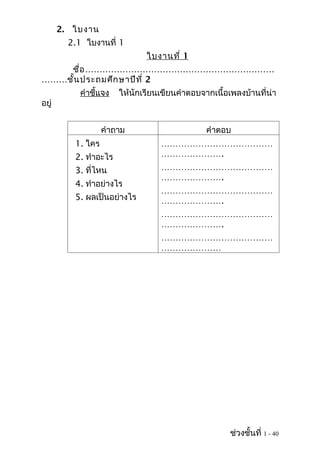 2. ใบงาน
         2.1 ใบงานที่ 1
                               ใบงานที่ 1
    ชื่อ …………………………………………………………
………ชั้น ประถมศึก ษาปีท ี่ 2
            คำาชี้แจง   ให้นักเรียนเขียนคำาตอบจากเนื้อเพลงบ้านที่น่า
อยู่


                   คำาถาม                       คำาตอบ
          1. ใคร                   …………………………………
          2. ทำาอะไร               ………………….
          3. ที่ไหน                …………………………………
                                   ………………….
          4. ทำาอย่างไร
                                   …………………………………
          5. ผลเป็นอย่างไร         ………………….
                                   …………………………………
                                   ………………….
                                   …………………………………
                                   …………………




                                                       ช่วงชั้นที่ 1 - 40
 