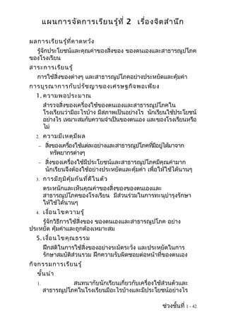 แผนการจัด การเรีย นรู้ท ี่ 2 เรื่อ งจิต สำา นึก

ผลการเรีย นรู้ท ี่ค าดหวัง
  รู้จักประโยชน์และคุณค่าของสิ่งของ ของตนเองและสาธารณูปโภค
ของโรงเรียน
สาระการเรีย นรู้
   การใช้สิ่งของต่างๆ และสาธารณูปโภคอย่างประหยัดและคุ้มค่า
การบูร ณาการกับ ปรัช ญาของเศรษฐกิจ พอเพีย ง
  1. ความพอประมาณ
        สำารวจสิ่งของเครื่องใช้ของตนเองและสาธารณูปโภคใน
        โรงเรียนว่ามีอะไรบ้าง มีสภาพเป็นอย่างไร นักเรียนใช้ประโยชน์
        อย่างไร เหมาะสมกับความจำาเป็นของตนเอง และของโรงเรียนหรือ
        ไม่
  2.    ความมีเ หตุม ีผ ล
   −     สิงของเครืองใช้แต่ละอย่างและสาธารณูปโภคทีมอยูได้มาจาก
           ่        ่                             ่ ี ่
             ทรัพยากรต่างๆ
   −     สิ่งของเครื่องใช้มีประโยชน์และสาธารณูปโภคมีคุณค่ามาก
         นักเรียนจึงต้องใช้อย่างประหยัดและคุ้มค่า เพื่อให้ใช้ได้นานๆ
  3.    การมีภ ูม ิค ุ้ม กัน ที่ด ีใ นตัว
        ตระหนักและเห็นคุณค่าของสิ่งของของตนเองและ
        สาธารณูปโภคของโรงเรียน มีส่วนร่วมในการทะนุบำารุงรักษา
        ให้ใช้ได้นานๆ
  4.    เงื่อ นไขความรู้
    รู้จักวิธีการใช้สิ่งของ ของตนเองและสาธารณูปโภค อย่าง
ประหยัด คุ้มค่าและถูกต้องเหมาะสม
  5. เงื่อ นไขคุณ ธรรม
        ฝึกสติในการใช้สิ่งของอย่างระมัดระวัง และประหยัดในการ
        รักษาสมบัติส่วนรวม ฝึกความรับผิดชอบต่อหน้าที่ของตนเอง
กิจ กรรมการเรีย นรู้
   ขั้น นำา
   1.             สนทนากับนักเรียนเกี่ยวกับเครื่องใช้ส่วนตัวและ
        สาธารณูปโภคในโรงเรียนมีอะไรบ้างและมีประโยชน์อย่างไร

                                                        ช่วงชั้นที่ 1 - 42
 