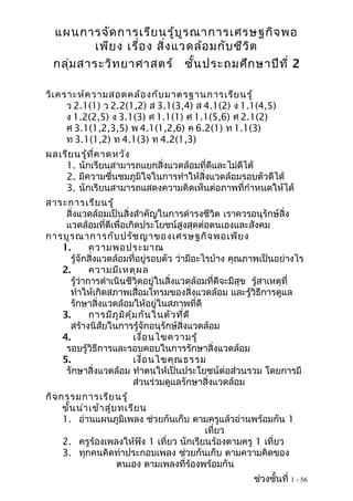 แผนการจัด การเรีย นรู้บ ร ณาการเศรษฐกิจ พอ
                               ู
          เพีย ง เรือ ง สิ่ง แวดล้อ มกับ ชีว ต
                    ่                        ิ
 กลุ่ม สาระวิท ยาศาสตร์ ชัน ประถมศึก ษาปีท ี่ 2
                                 ้

วิเ คราะห์ค วามสอดคล้อ งกับ มาตรฐานการเรีย นรู้
      ว 2.1(1) ว 2.2(1,2) ส 3.1(3,4) ส 4.1(2) ง 1.1(4,5)
      ง 1.2(2,5) ง 3.1(3) ศ 1.1(1) ศ 1.1(5,6) ศ 2.1(2)
      ศ 3.1(1,2,3,5) พ 4.1(1,2,6) ค 6.2(1) ท 1.1(3)
      ท 3.1(1,2) ท 4.1(3) ท 4.2(1,3)
ผลเรีย นรู้ท ี่ค าดหวัง
    1. นักเรียนสามารถแยกสิ่งแวดล้อมที่ดีและไม่ดีได้
    2. มีความชื่นชมภูมิใจในการทำาให้สิ่งแวดล้อมรอบตัวดีได้
    3. นักเรียนสามารถแสดงความคิดเห็นต่อภาพที่กำาหนดให้ได้
สาระการเรีย นรู้
    สิ่งแวดล้อมเป็นสิ่งสำาคัญในการดำารงชีวิต เราควรอนุรักษ์สิ่ง
    แวดล้อมที่ดีเพื่อเกิดประโยชน์สูงสุดต่อตนเองและสังคม
การบูร ณาการกับ ปรัช ญาของเศรษฐกิจ พอเพีย ง
   1.       ความพอประมาณ
     รู้จักสิ่งแวดล้อมที่อยู่รอบตัว ว่ามีอะไรบ้าง คุณภาพเป็นอย่างไร
   2.       ความมีเ หตุผ ล
     รู้ว่าการดำาเนินชีวิตอยู่ในสิ่งแวดล้อมที่ดีจะมีสุข รู้สาเหตุที่
     ทำาให้เกิดสภาพเสื่อมโทรมของสิ่งแวดล้อม และรู้วิธีการดูแล
     รักษาสิ่งแวดล้อมให้อยู่ในสภาพที่ดี
   3.       การมีภ ูม ิค ุ้ม กัน ในตัว ที่ด ี
     สร้างนิสัยในการรู้จักอนุรักษ์สิ่งแวดล้อม
   4.                      เงื่อ นไขความรู้
    รอบรู้วิธีการและรอบคอบในการรักษาสิ่งแวดล้อม
   5.                      เงื่อ นไขคุณ ธรรม
    รักษาสิ่งแวดล้อม ทำาตนให้เป็นประโยชน์ต่อส่วนรวม โดยการมี
                           ส่วนร่วมดูแลรักษาสิ่งแวดล้อม
กิจ กรรมการเรีย นรู้
     ขั้น นำา เข้า สู่บ ทเรีย น
     1. อ่านแผนภูมิเพลง ช่วยกันเก็บ ตามครูแล้วอ่านพร้อมกัน 1
                                            เที่ยว
     2. ครูร้องเพลงให้ฟัง 1 เที่ยว นักเรียนร้องตามครู 1 เที่ยว
     3. ทุกคนคิดท่าประกอบเพลง ช่วยกันเก็บ ตามความคิดของ
                       ตนเอง ตามเพลงที่ร้องพร้อมกัน
                                                      ช่วงชั้นที่ 1 - 56
 