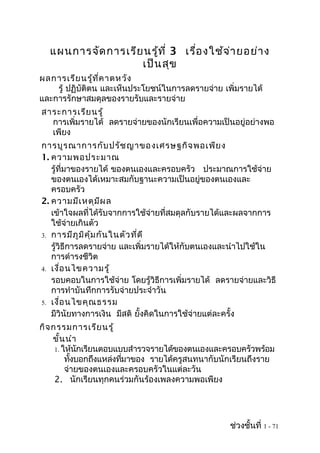 แผนการจัด การเรีย นรู้ท ี่ 3 เรือ งใช้จ ่า ยอย่า ง
                                  ่
                   เป็น สุข
ผลการเรีย นรู้ท ี่ค าดหวัง
    รู้ ปฏิบัติตน และเห็นประโยชน์ในการลดรายจ่าย เพิ่มรายได้
และการรักษาสมดุลของรายรับและรายจ่าย
สาระการเรีย นรู้
  การเพิ่มรายได้ ลดรายจ่ายของนักเรียนเพื่อความเป็นอยู่อย่างพอ
  เพียง
การบูร ณาการกับ ปรัช ญาของเศรษฐกิจ พอเพีย ง
1. ความพอประมาณ
   รู้ที่มาของรายได้ ของตนเองและครอบครัว ประมาณการใช้จ่าย
   ของตนเองได้เหมาะสมกับฐานะความเป็นอยู่ของตนเองและ
   ครอบครัว
2. ความมีเ หตุม ีผ ล
   เข้าใจผลที่ได้รับจากการใช้จ่ายที่สมดุลกับรายได้และผลจากการ
   ใช้จ่ายเกินตัว
3. การมีภ ูม ิค ุ้ม กัน ในตัว ที่ด ี
   รู้วิธีการลดรายจ่าย และเพิ่มรายได้ให้กับตนเองและนำาไปใช้ใน
   การดำารงชีวิต
4. เงื่อ นไขความรู้
   รอบคอบในการใช้จ่าย โดยรู้วิธีการเพิ่มรายได้ ลดรายจ่ายและวิธี
   การทำาบันทึกการรับจ่ายประจำาวัน
5. เงื่อ นไขคุณ ธรรม
   มีวินัยทางการเงิน มีสติ ยั้งคิดในการใช้จ่ายแต่ละครั้ง
กิจ กรรมการเรีย นรู้
    ขั้น นำา
     1. ให้นกเรียนตอบแบบสำารวจรายได้ของตนเองและครอบครัวพร้อม
             ั
         ทังบอกถึงแหล่งทีมาของ รายได้ครูสนทนากับนักเรียนถึงราย
           ้             ่
         จ่ายของตนเองและครอบครัวในแต่ละวัน
     2. นักเรียนทุกคนร่วมกันร้องเพลงความพอเพียง




                                                  ช่วงชั้นที่ 1 - 71
 