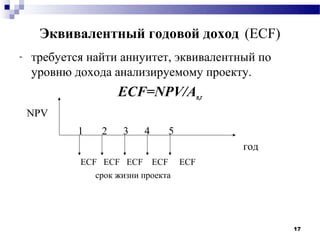 Эквивалентный годовой доход (ECF)
-   требуется найти аннуитет, эквивалентный по
    уровню дохода анализируемому проекту.
                    ECF=NPV/An,r
    NPV
            1   2   3   4   5
                                         год
            ECF ECF ECF ECF ECF
               срок жизни проекта




                                                 17
 