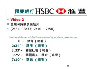 匯豐銀行
    Video 2
    企業可持續發展短片
    (2:34 – 3:33; 7:10 – 7:50)

    http://www.hsbc.com.hk/1/2/cr/chinese/sustainability_at_hsbc/cs_videos_brochure

          0 -         教育 ( 略看 )
      2:34’ -         環境 ( 細看 )
      3:33’ -         和諧社會 ( 略看 )
      5:25’ -         關顧員工、社企 ( 略看 )
      7:10’ -         環保 ( 細看 )
                                                                      18
 