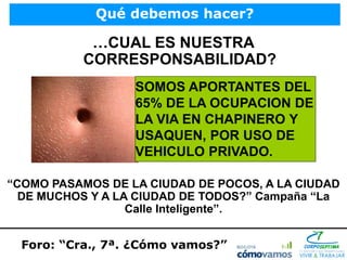 Qué debemos hacer?

            …CUAL ES NUESTRA
           CORRESPONSABILIDAD?
                  SOMOS APORTANTES DEL
                  65% DE LA OCUPACION DE
                  LA VIA EN CHAPINERO Y
                  USAQUEN, POR USO DE
                  VEHICULO PRIVADO.

“COMO PASAMOS DE LA CIUDAD DE POCOS, A LA CIUDAD
  DE MUCHOS Y A LA CIUDAD DE TODOS?” Campaña “La
                  Calle Inteligente”.


  Foro: “Cra., 7ª. ¿Cómo vamos?”
 