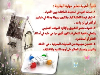 ‫: اهمٌة تػلم مهارة المكارهة :‬ ‫ثاهٌاً‬
        ‫1- تساغد الفرد في استوباط الػاللات بٌن االشٌاء .‬
 ‫2- توفر فرصة للعلبة كٌف ًفكرون بمروهة ودلة في شٌئٌن‬
                                    ‫او اك ثر في ان واحد .‬
       ‫3- تضٌف غوصر التشوًق واإلثارة للمولف التػلٌمي‬
‫وتػعي دافػٌة للتػلم لد تكون الوي مما هي غلٌه في اسئلة‬
                                     ‫التذكر او المحاضرة .‬
   ‫4- تتضمن مجموغة من الػملٌات المػرفٌة ، هي : الدلة‬
      ‫والتمٌٌز وإصدار الحكم غلى اوجه الشبه واالختالف .‬
 