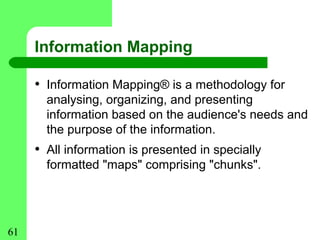 Information Mapping

     • Information Mapping® is a methodology for
       analysing, organizing, and presenting
       information based on the audience's needs and
       the purpose of the information.
     • All information is presented in specially
       formatted "maps" comprising "chunks".




61
 