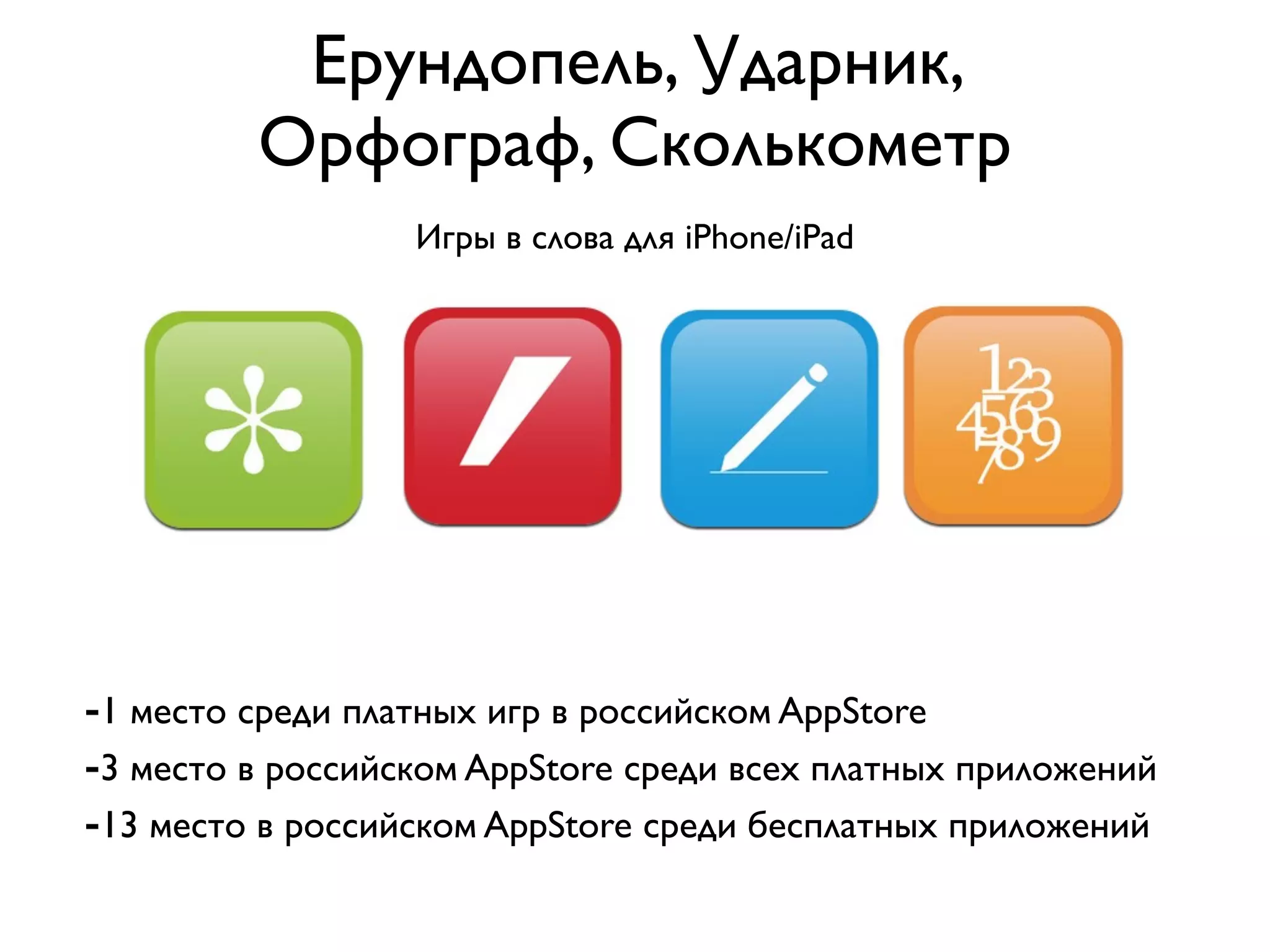 Ерундопель, Ударник,
         Орфограф, Сколькометр
                  Игры в слова для iPhone/iPad




-1 место среди платных игр в российском AppStore
-3 место в российском AppStore среди всех платных приложений
-13 место в российском AppStore среди бесплатных приложений
 