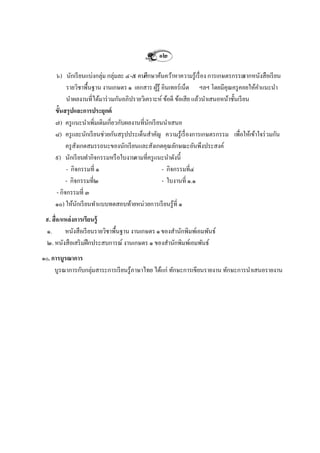 ๑๒

     ๖) นักเรี ยนแบ่งกลุ่ม กลุ่มละ ๔-๕ คนศึกษาค้นคว้าหาความรู้เรื่ อง การเกษตรกรรม    จากหนังสือเรี ยน
          รายวิชาพื้นฐาน งานเกษตร ๑ เอกสาร ผูรู้ อินเทอร์เน็ต ฯลฯ โดยมีคุณครู คอยให้คาแนะนา
                                                ้
          นาผลงานที่ได้มาร่ วมกันอภิปรายวิเคราะห์ ข้อดี ข้อเสีย แล้วนาเสนอหน้าชั้นเรี ยน
     ขั้นสรุปและการประยุกต์
     ๗) ครู แนะนาเพิมเติมเกี่ยวกับผลงานที่นกเรี ยนนาเสนอ
                      ่                     ั
     ๘) ครู และนักเรี ยนช่วยกันสรุ ปประเด็นสาคัญ ความรู้เรื่ องการเกษตรกรรม เพื่อให้เข้าใจร่ วมกัน
          ครู สงเกตสมรรถนะของนักเรี ยนและสังเกตคุณลักษณะอันพึงประสงค์
               ั
     ๙) นักเรี ยนทากิจกรรมหรื อใบงานตามที่ครู แนะนาดังนี้
          - กิจกรรมที่ ๑                          - กิจกรรมที่๔
          - กิจกรรมที่๒                           - ใบงานที่ ๑.๑
     - กิจกรรมที่ ๓
     ๑๐) ให้นกเรี ยนทาแบบทดสอบท้ายหน่วยการเรี ยนรู้ที่ ๑
                 ั
 ๙. สื่อ/แหล่งการเรียนรู้
 ๑.       หนังสือเรี ยนรายวิชาพื้นฐาน งานเกษตร ๑ ของสานักพิมพ์เอมพันธ์
 ๒. หนังสือเสริ มฝึ กประสบการณ์ งานเกษตร ๑ ของสานักพิมพ์เอมพันธ์
๑๐. การบูรณาการ
     บูรณาการกับกลุ่มสาระการเรี ยนรู้ภาษาไทย ได้แก่ ทักษะการเขียนรายงาน ทักษะการนาเสนอรายงาน
 