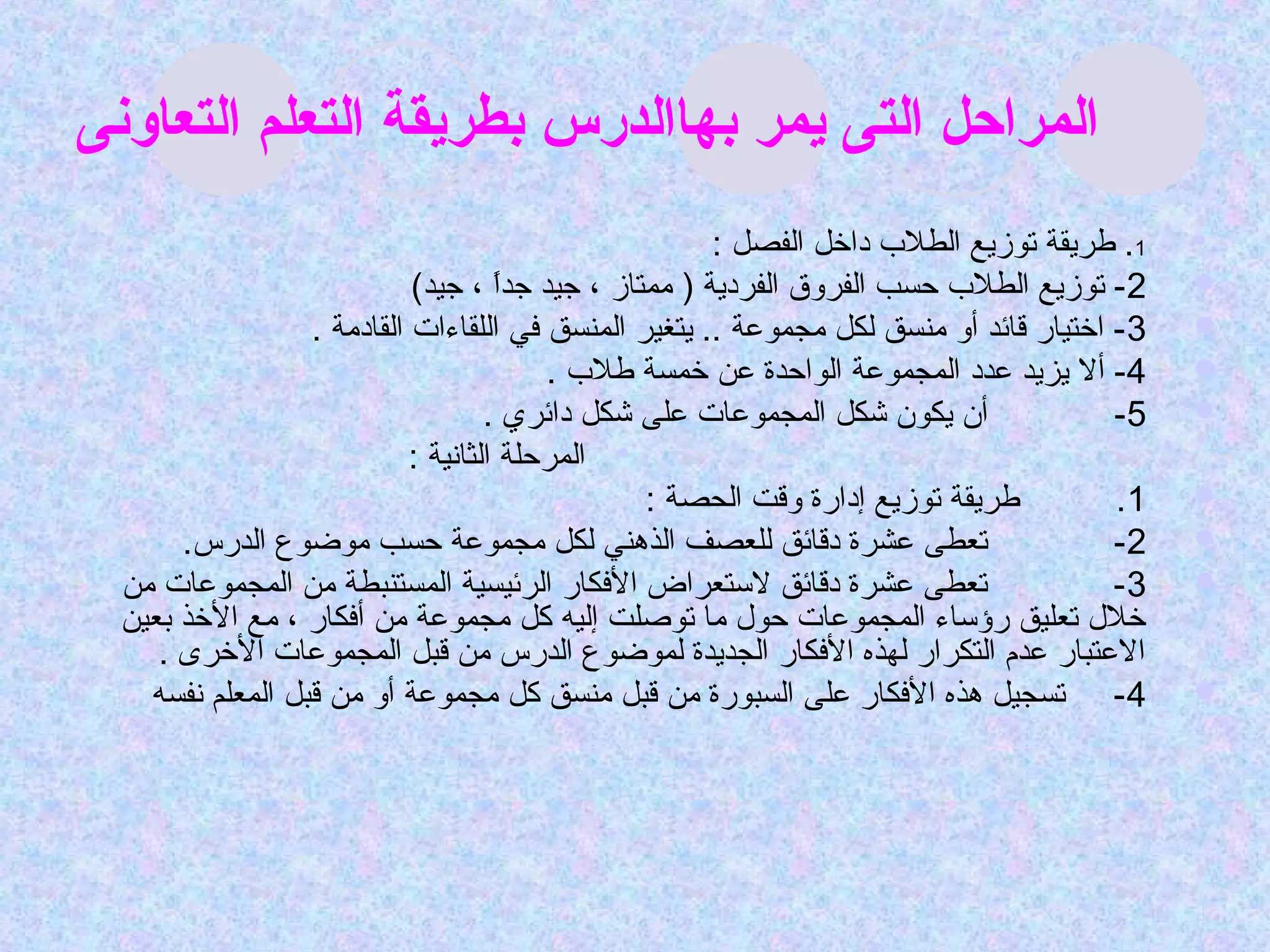 ‫المراحل التى يمر بهاالدرس بطريقة التعلم التعاونى‬
                                                       ‫1. طريقة توزيع الطل ب داخل الفصل :‬     ‫‪‬‬


                            ‫2 - توزيع الطل ب حسب الفروق الفردية ) ممتاز ، جيد جدا ، جيد(‬
                                     ‫ ً‬                                                       ‫‪‬‬
                  ‫3 - اختيار قائد أو منسق لكل مجموعة .. يتغير المنسق في اللقا ءات القادمة .‬   ‫‪‬‬
                                         ‫4- أل يزيد عدد المجموعة الواحدة عن خمسة طل ب .‬       ‫‪‬‬
                                    ‫أن يكون شكل المجموعات على شكل دائري .‬               ‫5-‬    ‫‪‬‬
                            ‫‪ ‬المرحلة الثانية :‬
                                                 ‫طريقة توزيع إدارة وقت الحصة :‬          ‫1.‬    ‫‪‬‬
       ‫تعطى عشرة دقائق للعصف الذهني لكل مجموعة حسب مواضو ع الدرس.‬                       ‫2-‬    ‫‪‬‬
  ‫تعطى عشرة دقائق لستعراض الفكار الرئيسية المستنبطة من المجموعات من‬                     ‫3-‬    ‫‪‬‬
  ‫خلل تعليق رؤسا ء المجموعات حول ما توصلت إليه كل مجموعة من أفكار ، مع الخذ بعين‬
     ‫العتبار عدم التكرار لهذه الفكار الجديدة لمواضو ع الدرس من قبل المجموعات الخرى .‬
    ‫4 - تسجيل هذه الفكار على السبورة من قبل منسق كل مجموعة أو من قبل المعلم نفسه‬              ‫‪‬‬
 