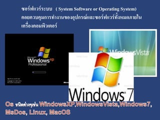 ซอร์ฟแวร์ระบบ ( System Software or Operating System)
คอยควบคุมการทางานของอุปกรณ์และซอร์ฟแวร์ทั้งหมดภายใน
เครื่องคอมพิวเตอร์
 