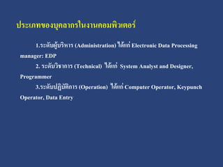 ประเภทของบุคลากรในงานคอมพิวเตอร์
      1.ระดับผู้บริหาร (Administration) ได้แก่ Electronic Data Processing
 manager: EDP
      2. ระดับวิชาการ (Technical) ได้แก่ System Analyst and Designer,
 Programmer
      3.ระดับปฏิบัติการ (Operation) ได้แก่ Computer Operator, Keypunch
 Operator, Data Entry
 