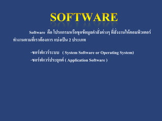 Software คือ โปรแกรมหรือชุดข้อมูลคาสั่งต่างๆ ที่สั่งงานให้คอมพิวเตอร์
ทางานตามที่เราต้องการ แบ่งเป็น 2 ประเภท

         -ซอร์ฟแวร์ระบบ ( System Software or Operating System)
         -ซอร์ฟแวร์ประยุกต์ ( Application Software )
 