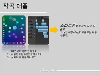 작곡 어플


                    스마트폰을 이용한 작곡 어
                    플로
                    그녀가 바깥에서도 사용하는지 알
                    아본다.




1. MPC보다 편리한가요?
2. 사용빈도는 어떻게 되나요?
3. 실외에서 사용하나요?
 