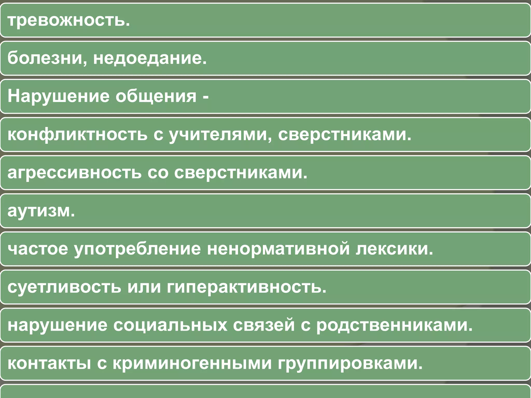 тревожность.

болезни, недоедание.

Нарушение общения -

конфликтность с учителями, сверстниками.

агрессивность со сверстниками.

аутизм.

частое употребление ненормативной лексики.

суетливость или гиперактивность.

нарушение социальных связей с родственниками.

контакты с криминогенными группировками.
 