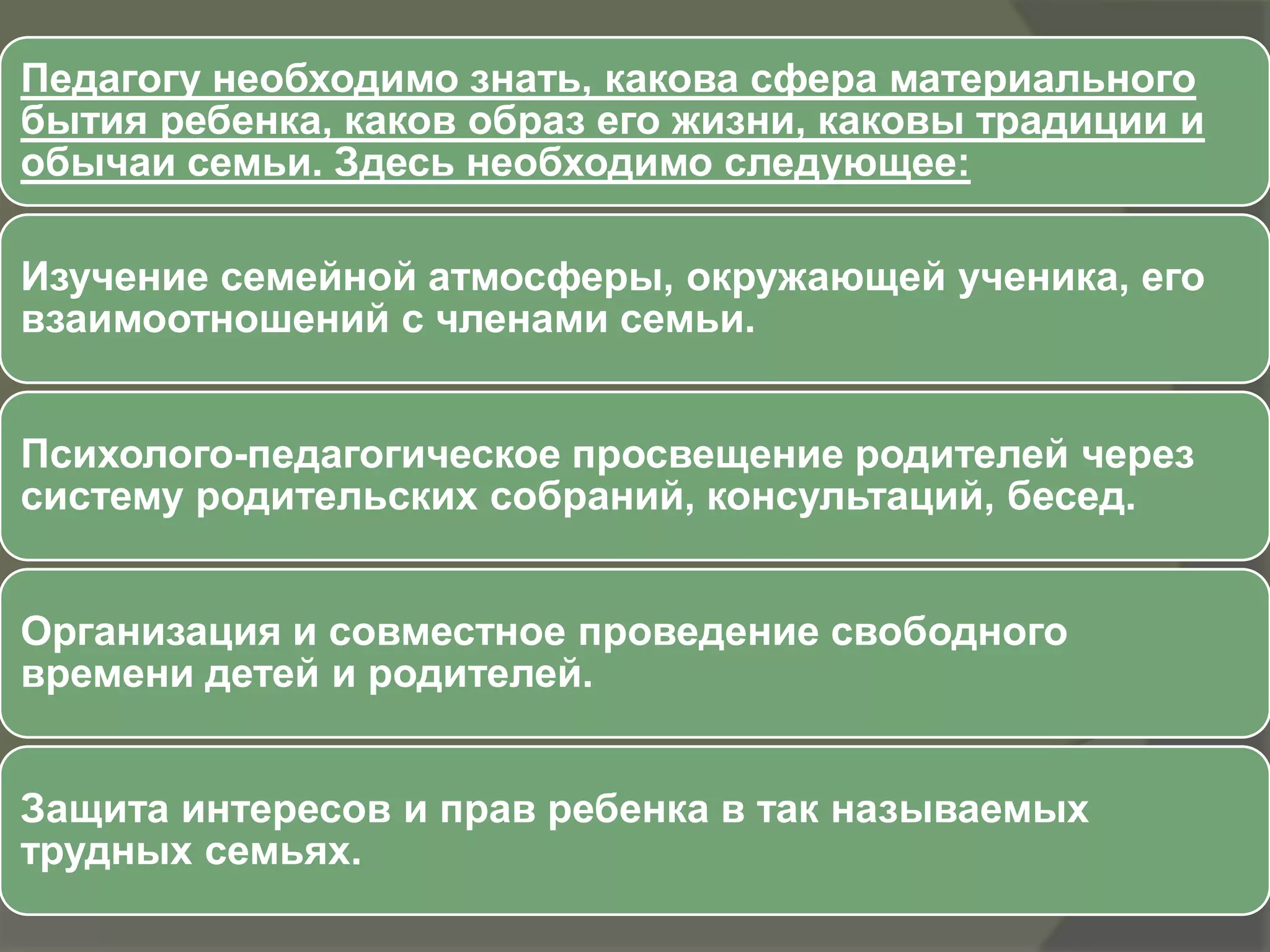 Педагогу необходимо знать, какова сфера материального
бытия ребенка, каков образ его жизни, каковы традиции и
обычаи семьи. Здесь необходимо следующее:

Изучение семейной атмосферы, окружающей ученика, его
взаимоотношений с членами семьи.


Психолого-педагогическое просвещение родителей через
систему родительских собраний, консультаций, бесед.


Организация и совместное проведение свободного
времени детей и родителей.


Защита интересов и прав ребенка в так называемых
трудных семьях.
 