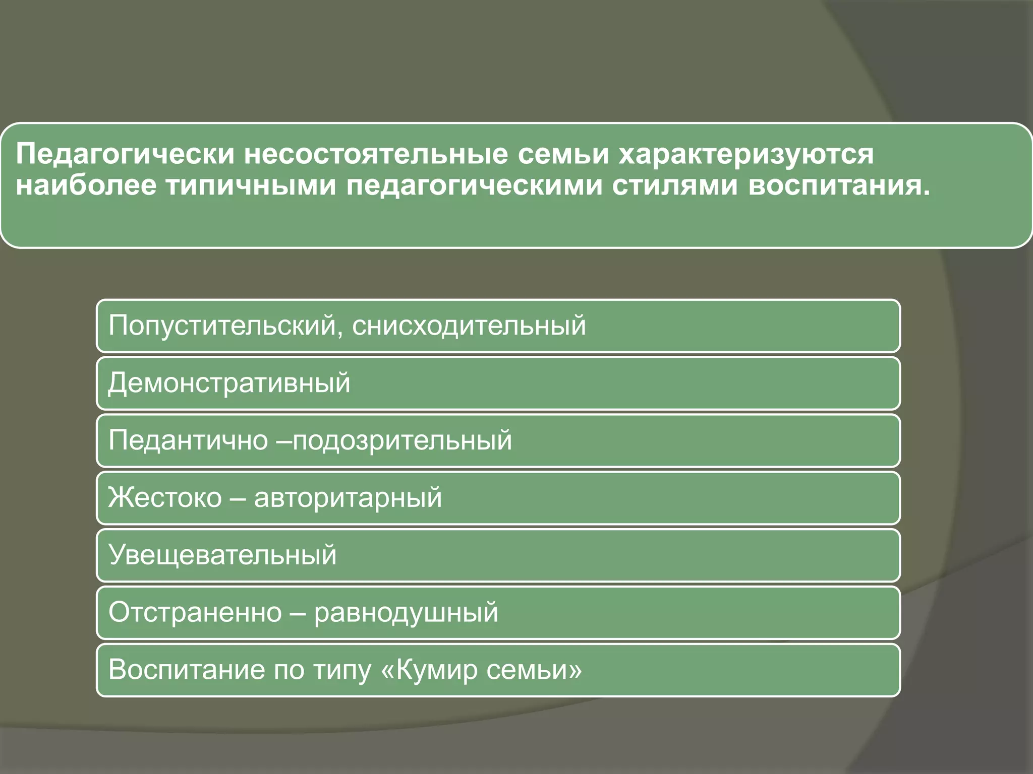 Педагогически несостоятельные семьи характеризуются
наиболее типичными педагогическими стилями воспитания.



     Попустительский, снисходительный
     Демонстративный
     Педантично –подозрительный
     Жестоко – авторитарный
     Увещевательный
     Отстраненно – равнодушный
     Воспитание по типу «Кумир семьи»
 