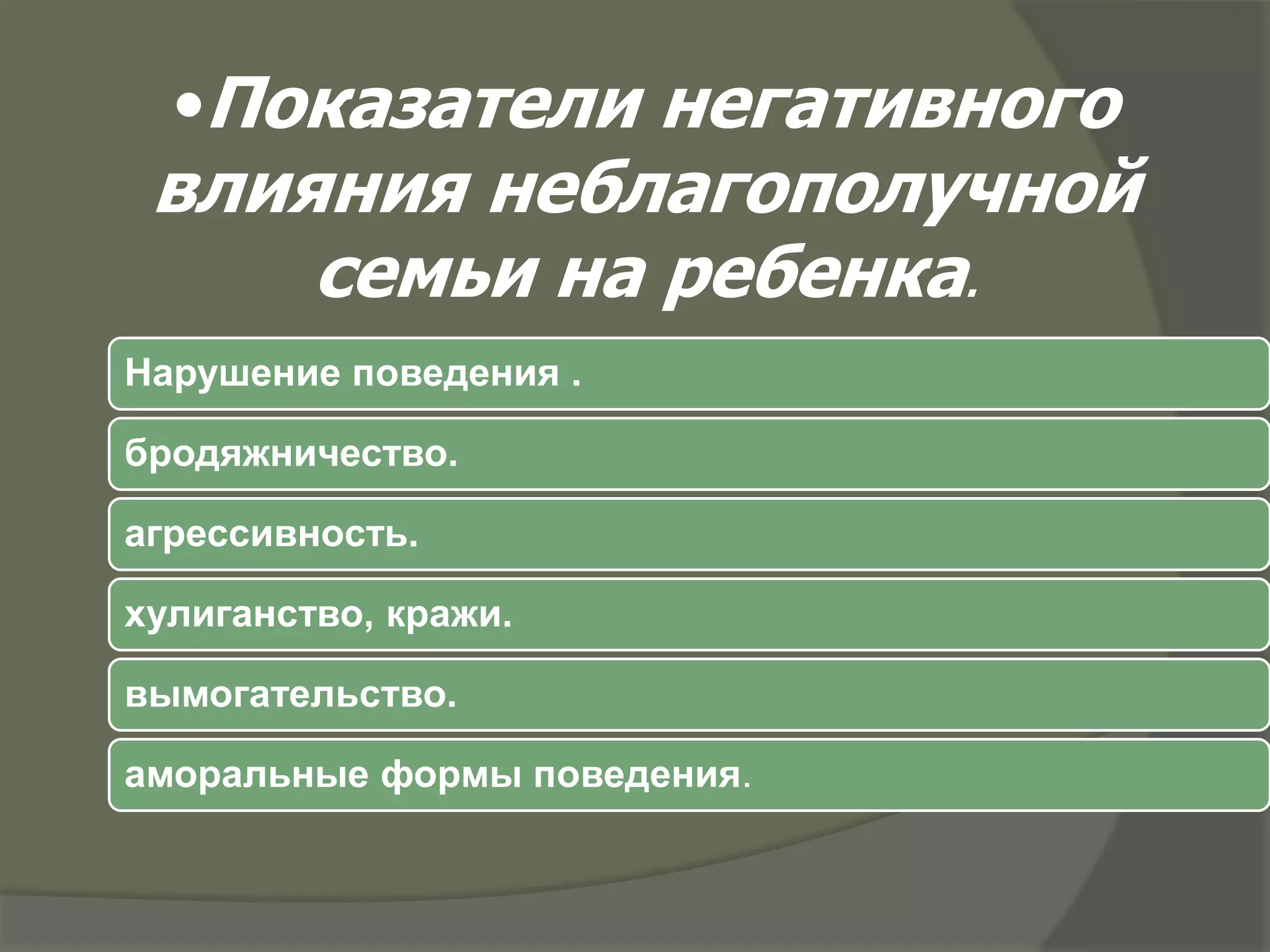 •Показатели негативного
 влияния неблагополучной
     семьи на ребенка.
Нарушение поведения .

бродяжничество.

агрессивность.

хулиганство, кражи.

вымогательство.

аморальные формы поведения.
 