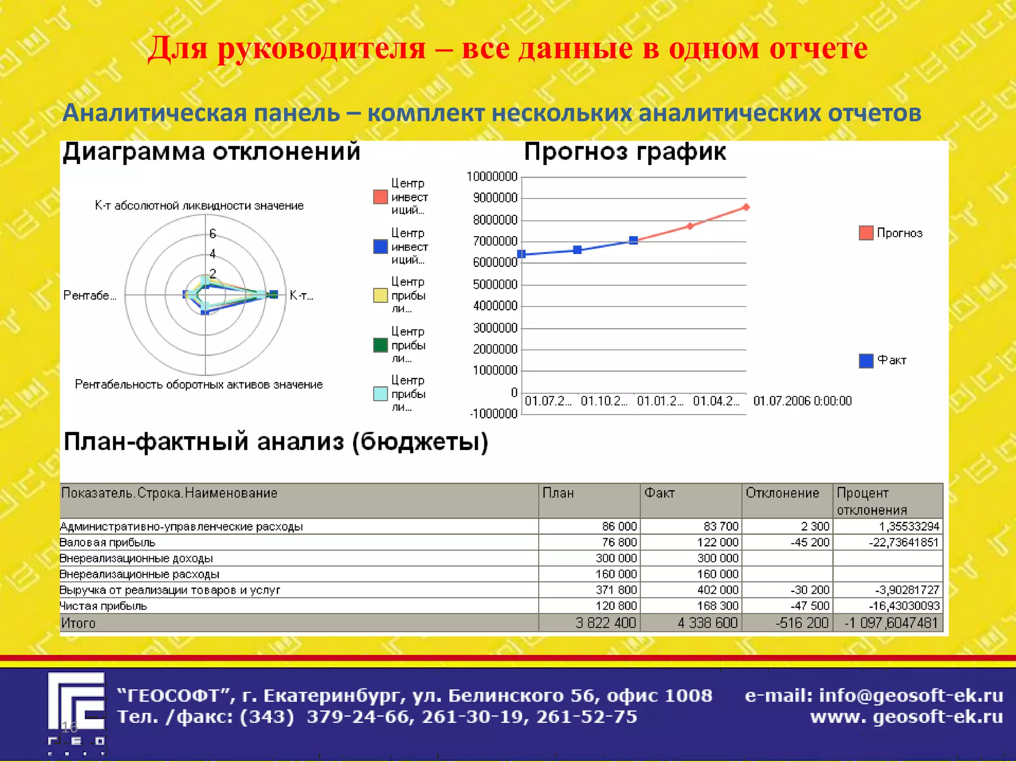 Для руководителя – все данные в одном отчете
Аналитическая панель – комплект нескольких аналитических отчетов




16
 