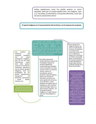 Ambas expediciones, como fue posible apreciar se vieron
                                    apoyadas, tanto por un cuerpo español como uno indígena, pero
                                    a su vez ambas, se enfrentaron a situaciones diferentes, el por qué
                                    de esto lo conoceremos ahora!




               El aporte Indígena en el reconocimiento del territorio y en la empresa de conquista




                                 En el segundo vieje realizado por Valdivia, el
                                 contingente de yanaconas, era menor, por ende el
                                 exito de esta expedicion dependio de             las   •Con el apoyo de los
                                 relaciones    que pudieron establecer con los           indigenas Chilenos, se
                                 indigenas del Norte (los que como ya se menciono        inicio lo conquista del
                                 tenian influencia incaica, conocian de cierta forma     territorio, los españoles
                                 el sometimieto) por esto les fue posible su             no conocian estas
•    Las    huestes      o       colaboracion y con ello el reconocimiento y apoyo       nuevas tierras por ende,
    empresas            de       en el avance de la hueste hacia el sur.                 sin su colaboracion
    conquista contaban                                                                   logistica en la avancada,
    con      un       gran                                                               no hubiese sido posible
    contingente indigena,                                                                lograr, el asentamiento
                                            •los indios yanaconas                        de la hueste española en
    este les era de vital                    (indios del Perú), fueron los               el vallle del Mapocho,
    importancia,      pues                   encargados de guiar la                      donde Valdia fundo la
    eran ellos quines                        primera expedicion                          ciudad de Santiago de la
    conocian el territorio,                  conformada por Almagro,                     Nueva Extremadura.
    mantenian relaciones                     como fue posible ver, esta
    con los demás grupos                     no tuvo exito y su retorno
    indigenas, eran los                      al Perú marco un
    encargados de en                         presedente, para el                          Es por estas razones, que
    dichas expediciones                      posterior viaje de Valdivia,                    muchos historiadores
    transportra          el                  pues ya se conocia el                              ndestacan dicha
    alimentos, pertrechos                                                                    importancia, de cierta
                                             territorio y se tenia una
    , armas , abrian                                                                      forma, su coloboracion os
                                             vision general de la tierras                     espalñoles lograr su
    caminos, etc.                            al sur del Perú., como                          objetivo, les brindo a
                                             tambien de la gente que la                      aquellos que colaoran
                                             habitaba, si vien el primer                  ciertos beneficios, pero a
  Por ende eran la columna                   viaje de Almagro dejo a su                     su ves tambien genero
vertebral, de la empresa y del               paso muchas muerets , sin                      nuevos conflictos, chile
cumplimiento de la conquista.                la ayuda de dichos                                por no poseer una
                                             indigenas, el viaje hubiese                  unidad entre sus pueblos
                                                                                           indigenas, presento para
                                             sido aun mas peligroso y
                                                                                          los españoles, conatantes
                                             gruel.                                         desafios, entre aquellos
                                                                                               que se sometian y
                                                                                          colaboraban, con aquellos
                                                                                                que se oponian,
                                                                                           generando la resistencia.
 