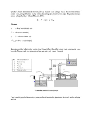 tersebut”.Dalam persamaan Bernoulli,ada tiga macam head (energi) fluida dari sistem instalasi
aliran, yaitu, energi tekanan, energi kinetik dan energi potensial.Hal ini dapat dinyatakan dengan
rumus sebagai berikut : (Bruce Munson, 2006)

                                     H = P/ γ + Z + V 2/2.g

Dimana:

H     = Head total pompa (m)

P/ γ = Head tekanan (m)

Z     = Head statis total (m)

V 2/2.g = Head kecepatan (m)



Karena energi itu kekal, maka bentuk head (tinggi tekan) dapat bervariasi pada penampang yang
berbeda. Namun pada kenyataannya selalu ada rugi-rugi energi (losses).




Pada kondisi yang berbeda seperti pada gambar di atas maka persamaan Bernoulli adalah sebagai
berikut                                                                                     :
 